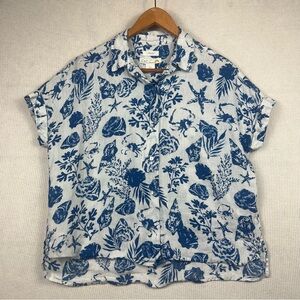 C&C California 100% Linen Button Shirt Top SMALL Costal Tropical Botanical Print
